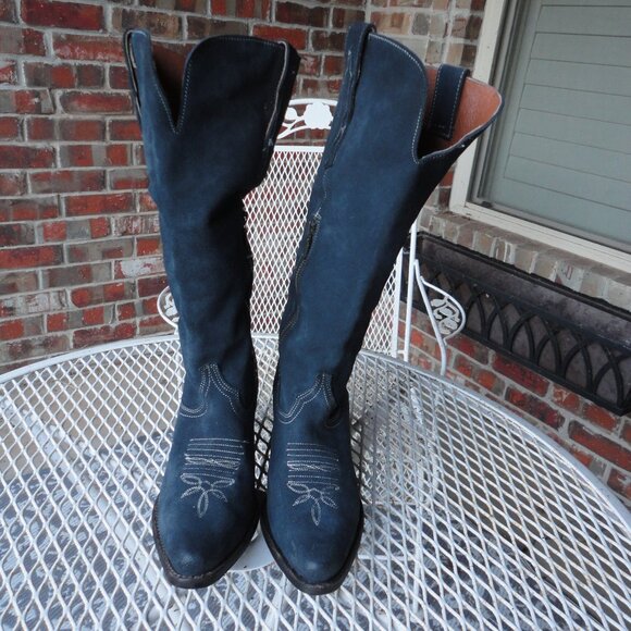 DAN POST Women's Navy Blue Knee High Suede Pointed Toe Western Boots Size 8 - Picture 1 of 8